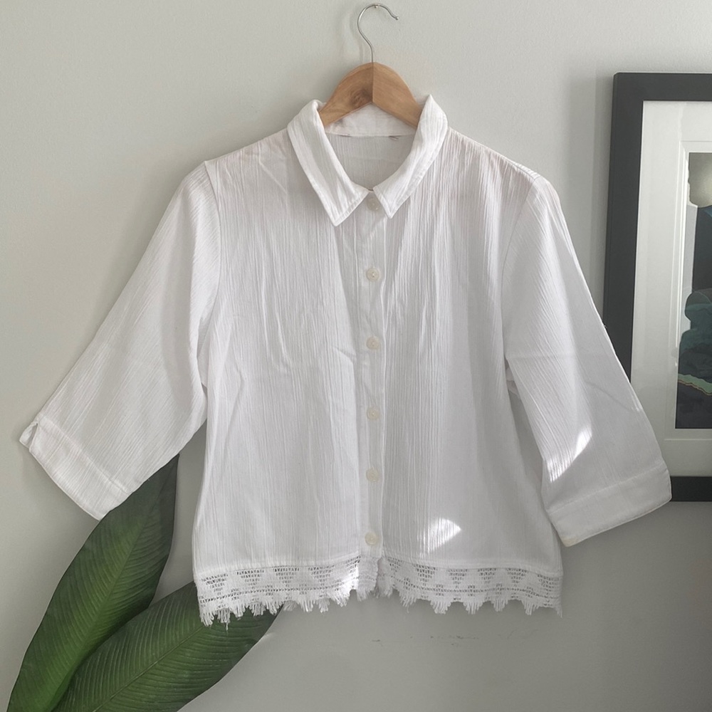 🌿3 for $25🌿 Cotton Embroidered Trip Button Up 3/4 Sleeve Cropped Shirt